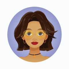 Stylish Girl Portrait – Brunette Hair and Glasses.  Brown hair. Vector illustration. EPS