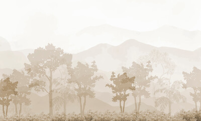 Aged Nature Wall Mural: Sepia Tone Mountains & Woodland Trees Background © csinie1