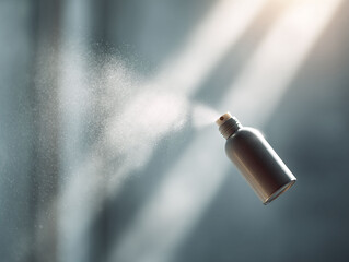 A silver spray bottle in midair, releasing a fine mist.  The image evokes freshness, cleanliness, and a sense of lightness.