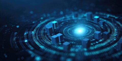 Abstract digital network with glowing, concentric rings and cubes