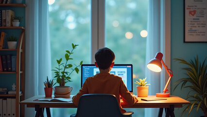 Fototapeta premium Teen Student at Home Learning with Floating UI on Glass Desk