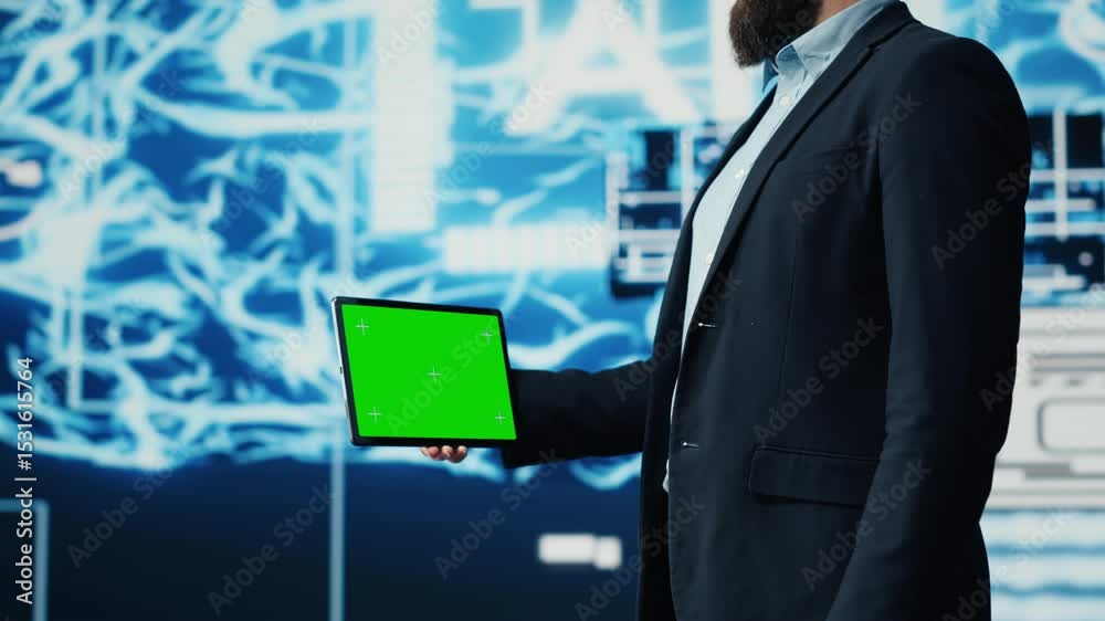 Poster studying neural networks systems, young it specialist implements artificial intelligence with mockup