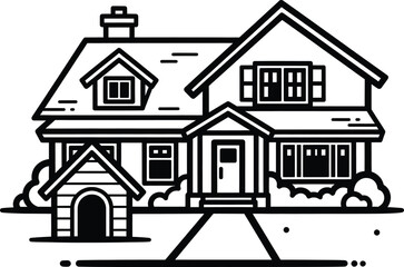 Black and White House Illustration Doghouse Yard Home