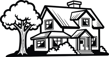 Black and White House Illustration Tree Chimney Home