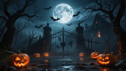 Fototapeta premium A hauntingly atmospheric Halloween scene under a full moon with eerie, cracked patterns. Halloween, Halloween Costumes, Halloween Background, Happy Halloween