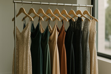 Elegant satin and lace evening gowns in assorted earth tones hanging on wooden hangers on minimalist clothing rack