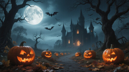 A hauntingly atmospheric Halloween scene under a massive, glowing full moon that casts an eerie light over the landscape. Halloween, Halloween Costumes, Halloween Background, Happy Halloween