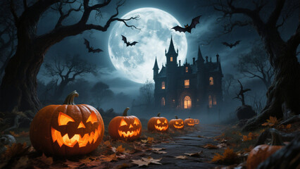 A hauntingly atmospheric Halloween scene under a massive, glowing full moon that casts an eerie light over the landscape. Halloween, Halloween Costumes, Halloween Background, Happy Halloween