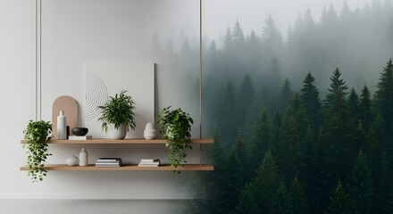 Modern Minimal Interior with Floating Shelves and Foggy Pine Forest in Seamless Composition

