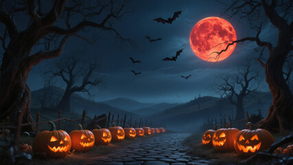 Fototapeta premium A hauntingly beautiful Halloween night scene features a blood-red full moon glowing brightly in the dark sky, casting an eerie orange light over the landscape. Halloween, Halloween Costumes