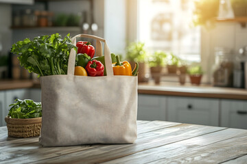 Fresh Groceries in Reusable Bag on Kitchen Counter - Healthy Living
