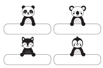 Cute Black‑White Animal Sticker Labels – Panda, Koala, Cat & Penguin