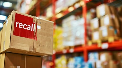 Red warning label on packaged product with bold text, symbolizing safety alert and consumer protection, product recall,product hazard caution sign for commercial goods