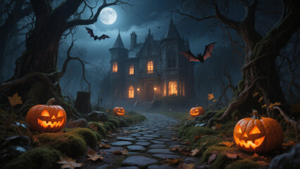 A hauntingly beautiful Halloween scene featuring a cobblestone path leading to an ominous, gothic mansion under a dark, moonlit sky. Halloween, Halloween Costumes, Halloween Background