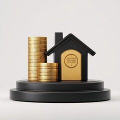 Gold coins stacked next to a black house icon, both on a black podium