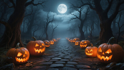 A hauntingly beautiful Halloween scene featuring a cobblestone path stretching into the distance, lined with intricately carved jack-o'-lanterns glowing warmly. Halloween, Halloween Costumes