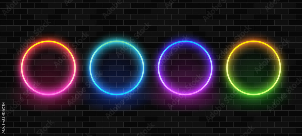 Poster four colorful neon circles on a dark brick wall background. vibrant blank frame shapes for modern de