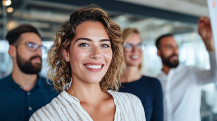 Smiling Young Female Team Leader with Her Team in Background, Confident Business Woman Manager Posing at Office, Modern Leadership, Workplace Empowerment and Teamwork Concept, Businesspeople.