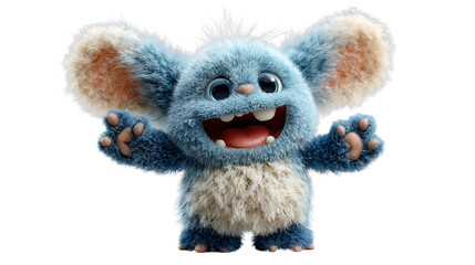 Fototapeta premium Cheerful Blue Furry Monster with Big Ears and Open Mouth