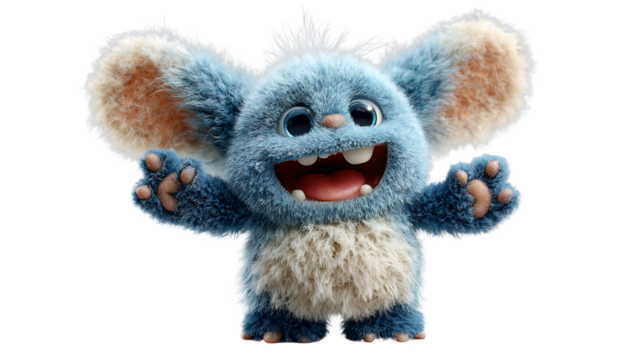 Cheerful Blue Furry Monster with Big Ears and Open Mouth