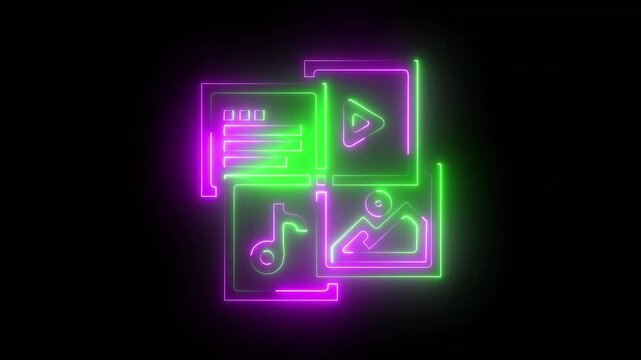 Documents, video, music, and pictures icon animation with green and magenta color neon line.