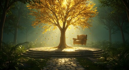 Golden Tree on Stone Platform with Floating Armchair in Mystical Forest Scene

