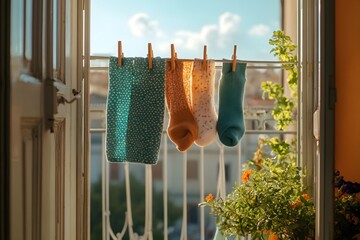 Colorful socks with a gentle breeze on the balcony
