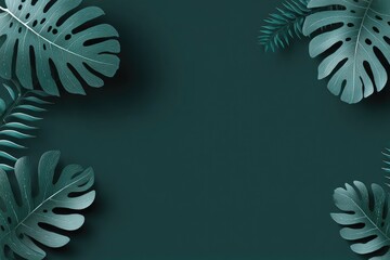 Teal-toned background framed by tropical leaves