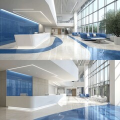 Modern hospital lobby, two views