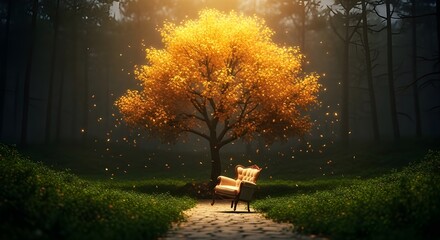 Stylized Golden Tree with Floating Vintage Armchair and Winding Path in Moody Forest

