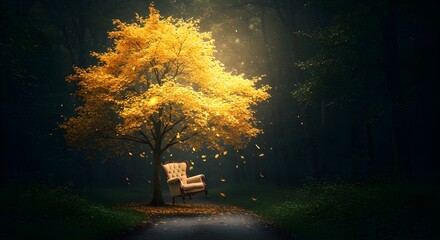 Stylized Golden Tree with Floating Vintage Armchair and Winding Path in Moody Forest

