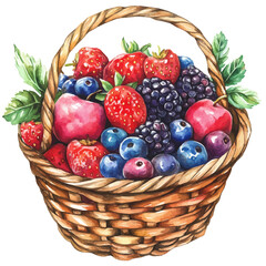 Summer Berry Fruit Basket, watercolor clipart vector, isolated on a white background.