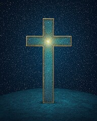 Celestial Glowing Cross, Shimmering Cross Against Starry Night Sky Background
