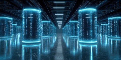 Futuristic server room with glowing cylindrical data storage units