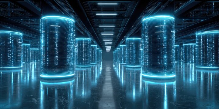 Futuristic server room with glowing cylindrical data storage units