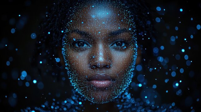 A determined African businesswoman, her face illuminated by the glow of a digital tablet, delves into complex data, a holographic overlay of graphs and charts illuminating the information 