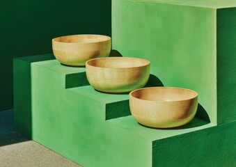 Three light-brown wooden bowls on tiered green steps