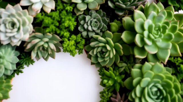 Variety of vibrant succulent plants arranged in a circular border with bright center, botanical, natural decorative design element, background texture.