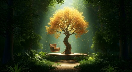 Golden-Leaved Tree on Platform with Floating Armchair in Enchanted Forest Path