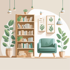 Fototapeta premium Modern Minimalist Living Room Interior with Green Armchair and Bookshelf