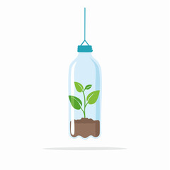 A small plant growing inside a clear plastic bottle hanging from a string, showcasing recycling and sustainability.