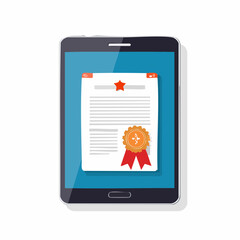 Tablet displaying a certificate with a red star and seal, indicating achievement or validation.