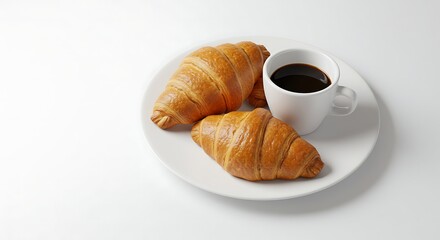 Fresh Croissants and Black Coffee on White Plate Isolated Breakfast Scene Culinary Delight Morning Treat Isolated on White Background Studio Shot