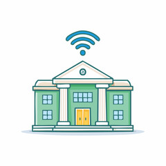Naklejka premium Cartoon illustration of a building with columns and a wifi signal above it.