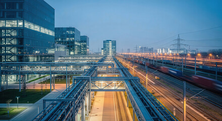 Modern Urban Railway Station with Office Buildings Night Scene