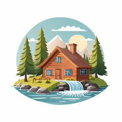 Fototapeta premium Rustic Wooden Cabin by Waterfall in Mountain Landscape