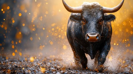 A modern-day bull, clad in digital attire, expertly navigates the complex landscapes of the stock market and the volatile crypto world, guided by the keen eyes of artificial intelligence 