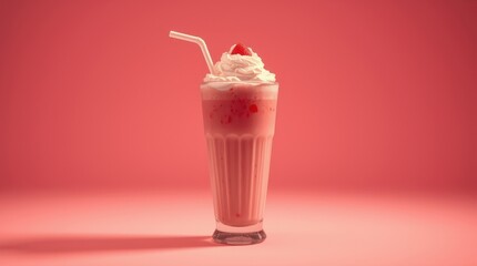 Strawberry milkshake with whipped cream and a single strawberry on top against a pink background
