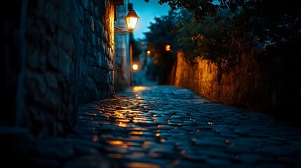 The ancient stone road under dim streetlights