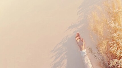 Hand with Flower and Shadow on Neutral Background